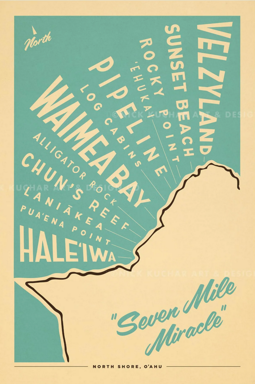 North Shore Oahu Surf Map Travel Print by Nick Kuchar