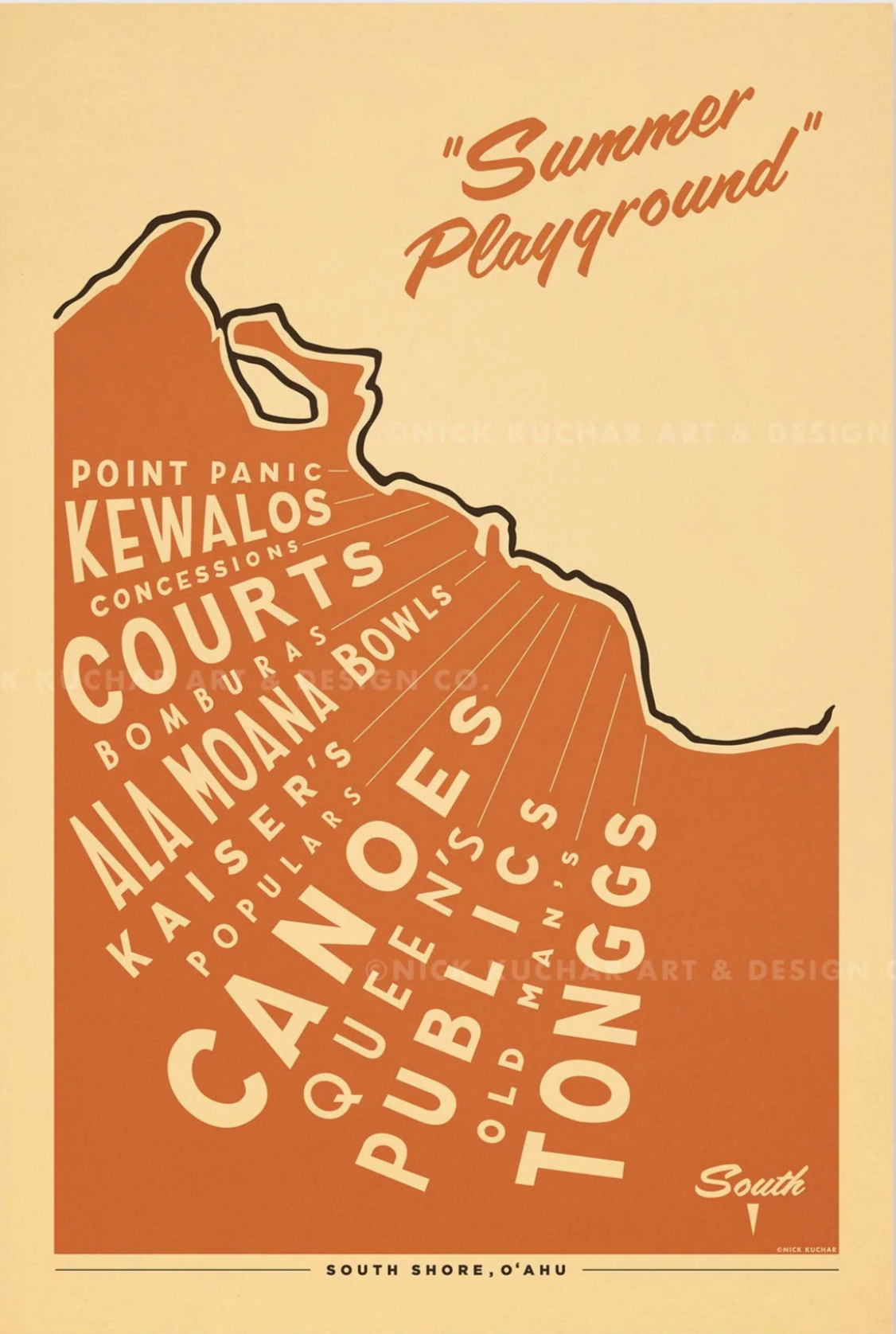 South Shore Oahu Surf Map Travel Print by Nick Kuchar